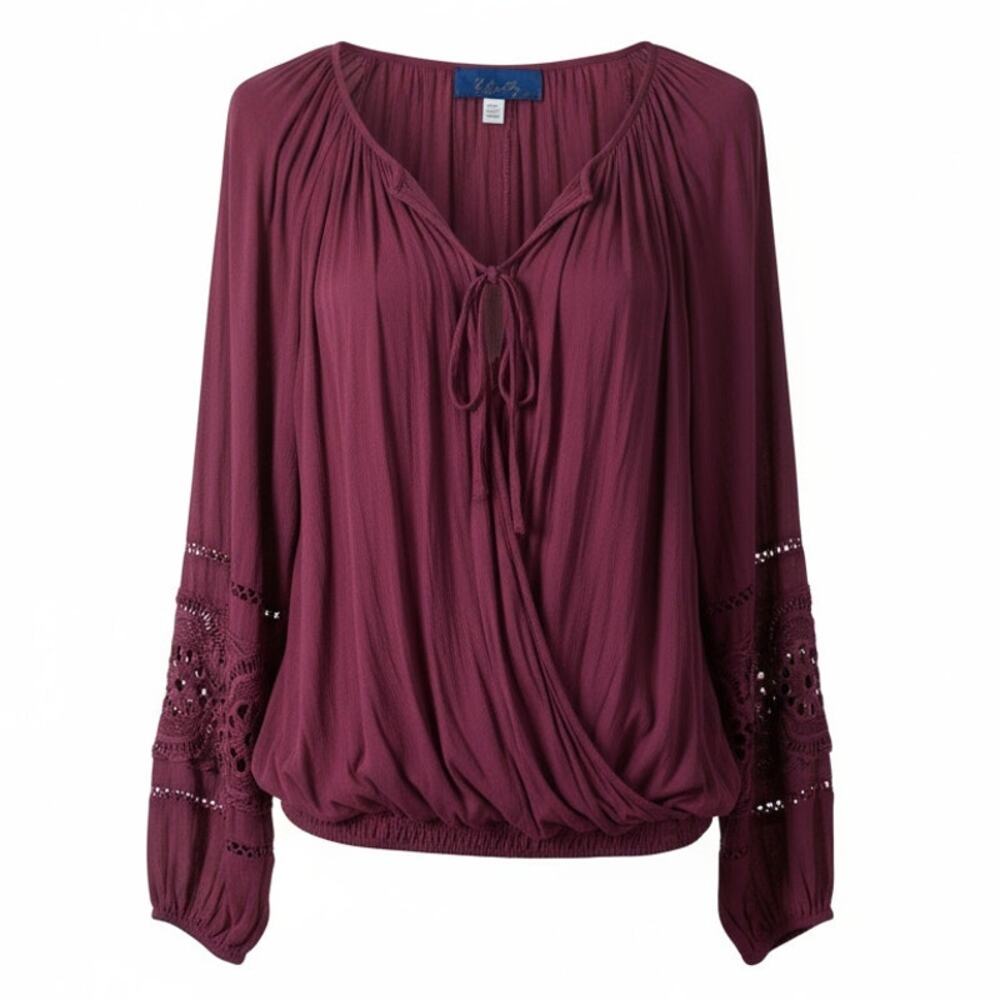 FRANCESSCAS LONG SLEEVE BOHO CROCHET SLEEVE TOP TIE FRONT MAROON SIZE SMALL